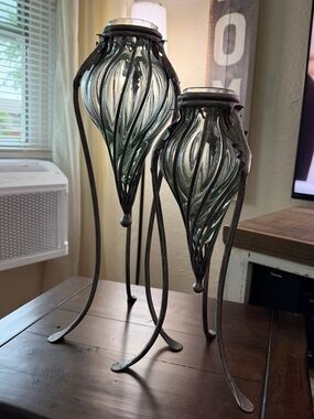 Decorative Twisted Glass and Metal art/vases Set of 2, Smoke Green